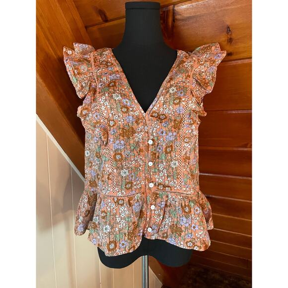 Veronica Beard Araya Pink Floral Button Down Ruffle Top Sz 10 - Picture 1 of 9